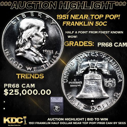 Proof ***Auction Highlight*** 1951 Franklin Half Dollar Near TOP POP! 50c Graded pr68 cam BY SEGS (fc)