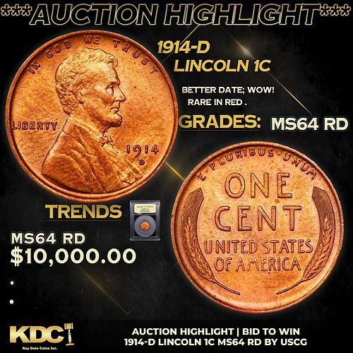 ***Auction Highlight*** 1914-d Lincoln Cent 1c Grades Choice Unc RD By USCG (fc)