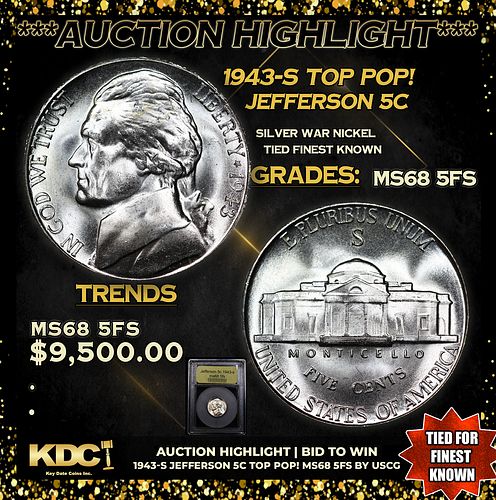 ***Auction Highlight*** 1943-s Jefferson Nickel TOP POP! 5c Graded GEM++ 5fs By USCG (fc)