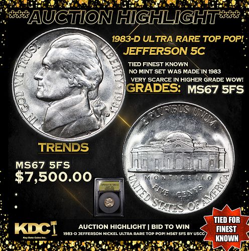 ***Auction Highlight*** 1983-d Jefferson Nickel Ultra Rare TOP POP! 5c Graded GEM++ 5fs By USCG (fc)