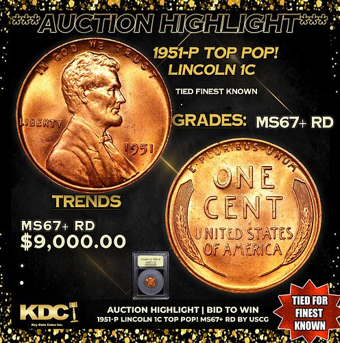***Auction Highlight*** 1951-p Lincoln Cent TOP POP! 1c Graded GEM++ RD By USCG (fc)