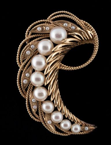 GUMP'S 14K YELLOW GOLD & PEARL FEATHER BROOCH