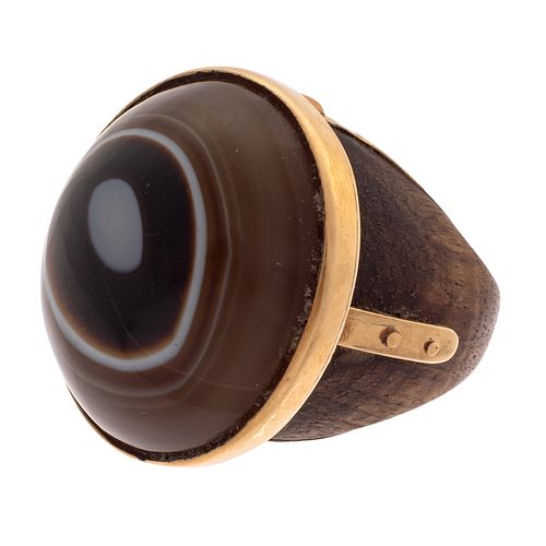 Studio Banded Agate, Wood, Brass Ring