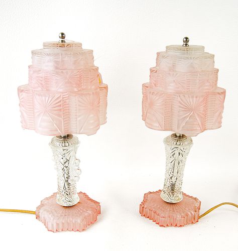 ART DECO FROSTED PINK GLASS BOUDOIR LAMPS