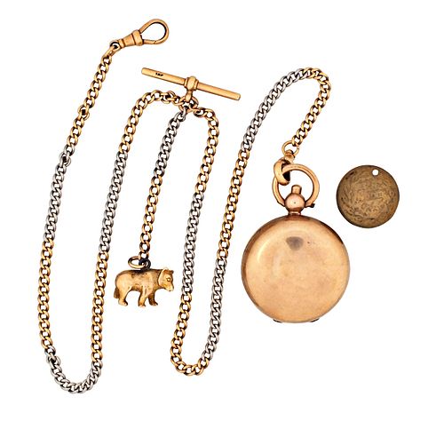 An early 20th century 18 karat gold double Albert watch chain and a gold coin holder