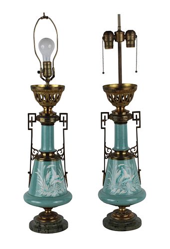 Pair of Blue Porcelain Metal Mounted Table Lamps