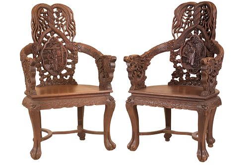 Pair of Chinese Export Carved Hardwood Chairs