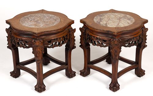 PAIR OF CHINESE CARVED TEAK MARBLE-TOPPED LOW STANDS