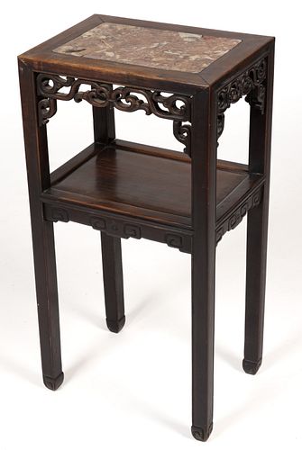 CHINESE CARVED ROSEWOOD MARBLE-TOP STAND TABLE