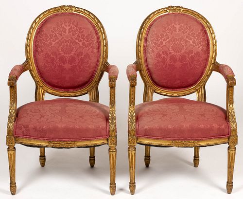PAIR OF CONTINENTAL GILTWOOD LOUIS XVI ARMCHAIRS IN RED DAMASK