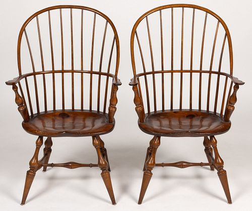 D. R. DIMES REPRODUCTION BOW-BACK WINDSOR ARMCHAIRS, PAIR