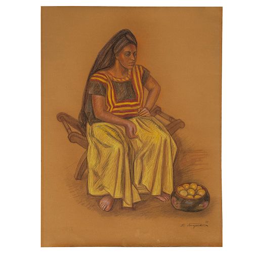 RAUL ANGUIANO, Mujer sentada, Firmado y fechado 1977 Pastel sobre cartulina, 67 x 50 cm