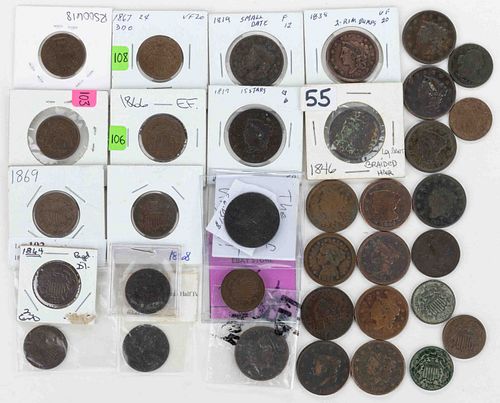 UNITED STATES ASSORTED  BRONZE AND COPPER COINS / TOKENS, LOT OF 35