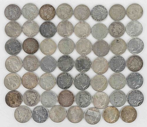 UNITED STATES SILVER PEACE DOLLAR COINS, LOT OF 55