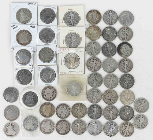 ASSORTED UNITED STATES SILVER HALF-DOLLAR COINS, LOT OF 47