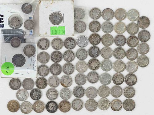 ASSORTED UNITED STATES SILVER DIMES AND HALF-DIME COINS, LOT OF 74