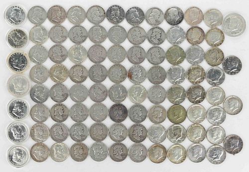 ASSORTED UNITED STATES SILVER AND SILVER-CLAD HALF-DOLLAR COINS, LOT OF 91