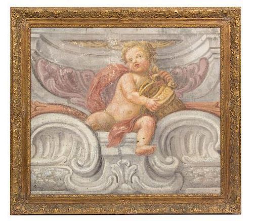 A Continental Painted Mural Fragment, 18TH CENTURY, depicting a cherub in an architectural setting, in a giltwood frame