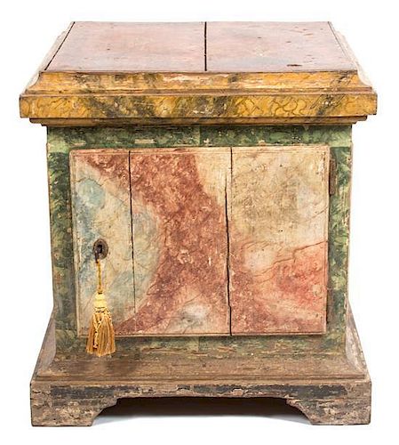 An Italian Faux Marble Painted Wood Pedestal Cabinet Height 34 x width 31 x depth 31 inches.