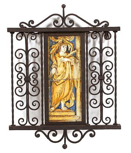 Two Italian Painted Ceramic Tiles in an Ironwork Frame Height 28 x width 22 3/4 inches.