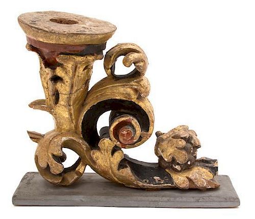 An Italian Parcel Gilt and Painted Wood Scroll Fragment Height 9 1/2 x width 12 1/2 x depth 6 inches.