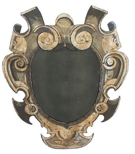 An Italian Painted Metal Cartouche-Form Wall Mirror Height 44 x width 32 inches.