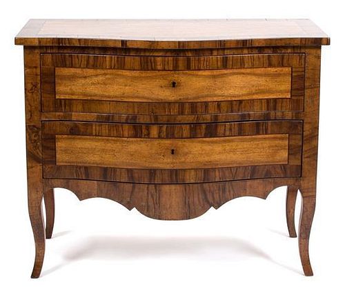 A Northern Italian Crossbanded Walnut Serpentine Commode Height 36 x width 42 1/2 x depth 21 3/4 inches.