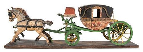 An Italian Carved and Painted Wood Model of a Horsedrawn Carriage Length 24 1/4 inches.