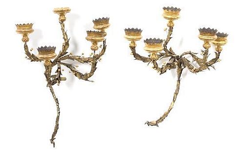 A Pair of Continental Gilt Metal Five-Light Wall Sconces Height 29 x width 18 1/2 x depth 11 1/2 inches.