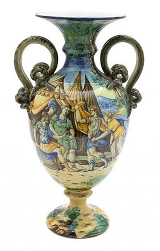 An Italian Majolica Vase Height 13 1/2 x diameter 6 1/2 inches.