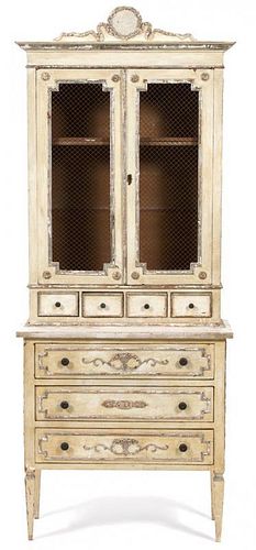 A Louis XVI Painted and Silvered Wood Breakfront Cabinet Height 75 x width 30 x depth 12 1/4 inches.