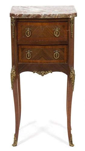 A Louis XVI Style Marble Top Side Cabinet Height 29 x width 13 1/2 x depth 11 1/4 inches.