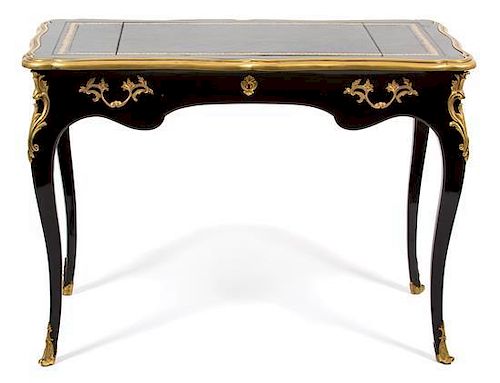 A Louis XV Style Gilt Bronze Mounted Lacquered Bureau Plat Height 30 x width 42 x depth 23 inches.