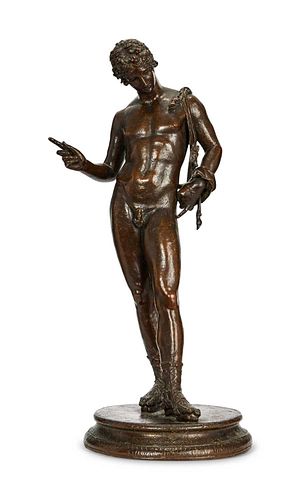 A LARGE 19TH CENTURY NEAPOLITAN BRONZE FIGURE OF NARCISSUS, AFTER THE ANTIQUE