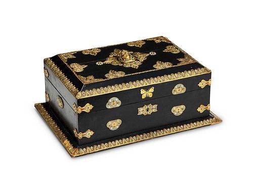 A LATE 19TH CENTURY FRENCH CHAMPLEVE ENAMEL AND EBONISED TABLE CASKET