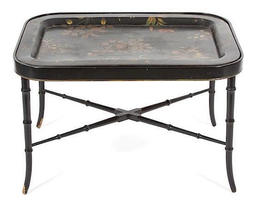 A Regency Style Lacquered Tray on Stand Height 20 x width 32 x depth 23 inches.