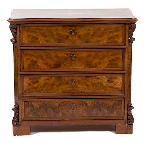 A Victorian Style Burl Walnut Chest of Drawers Height 36 x width 39 x depth 22 inches.