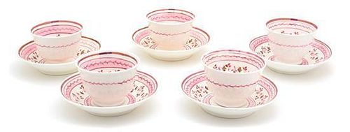 Five English Lusterware Cups with Undertrays Diameter 5 1/2 inches.