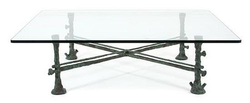 A Bronze and Glass Top Low Table Height 16 x width 52 x depth 58 inches.
