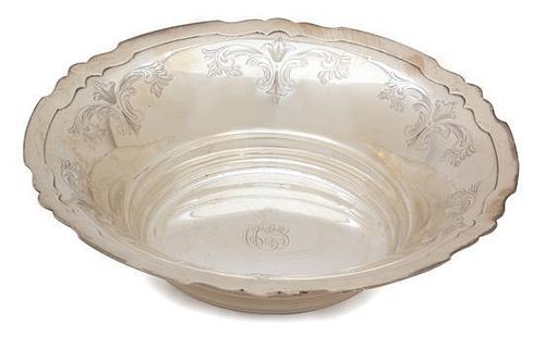 An American Silver Bowl, Shreve & Co., San Francisco, 20th Century, having a center monogram and engraved shaped border