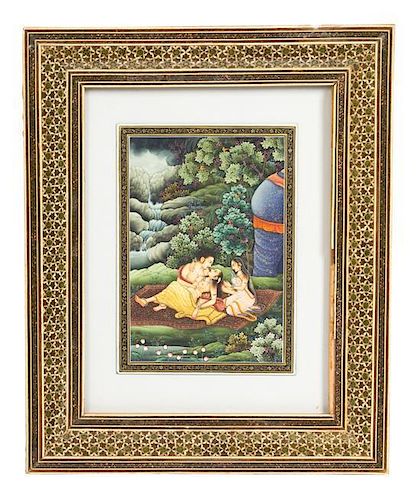 A Pair of Indian Watercolor Paintings on Metal Height 7 x width 5 inches.