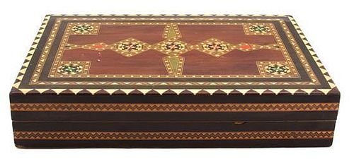 A Syrian Style Inlaid Game Box Height 3 x width 14 1/4 x depth 9 3/4 inches.
