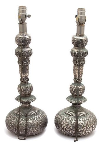A Pair of Indian Stamped Metal Hookah-Form Table Lamps Height 22 inches.