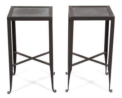 A Pair of Wrought Iron Side Tables Height 22 1/4 x width 12 x depth 12 inches.