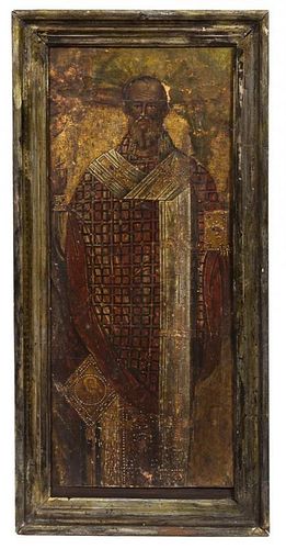 A Greek Icon Painted Panel 31 x 13 inches.