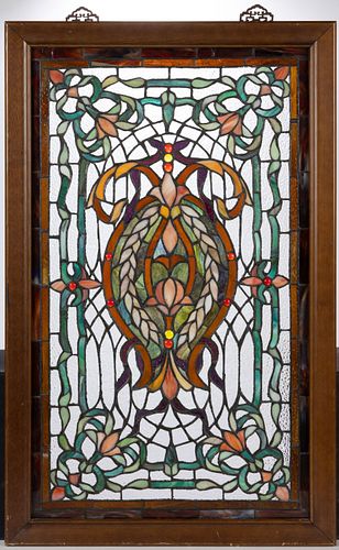 FLORAL AND SCROLL LEADED GLASS WINDOW PANE