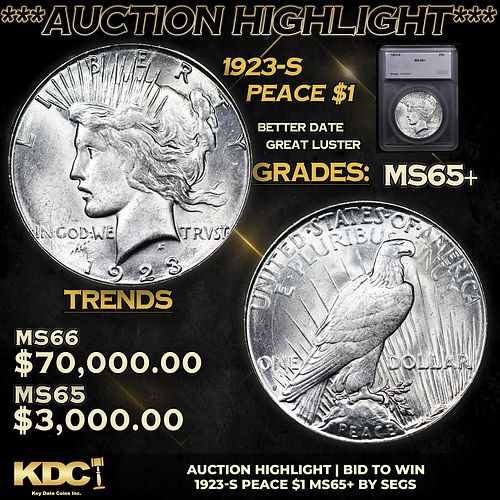 ***Auction Highlight*** 1923-s Peace Dollar 1 Graded ms65+ By SEGS (fc)