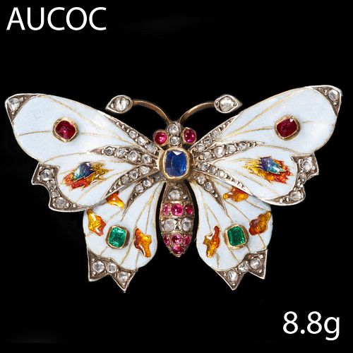 LOUIS AUCOC (Attributed to), BEAUTIFUL ART-NOUVEAU MULTI COLOR ENAMEL AND GEMSTONE BUTTERFLY BROOCH