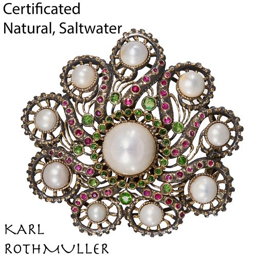 KARL ROTHMULLER (attrib.), CERTIFICATED NATURAL SALTWATER PEARL RUBY AND DEMANTOID GARNET BROOCH
