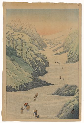 KAWASE HASUI (JAPANESE, 1883-1957) "SNOW VALLEY OF MOUNT HAKUBA" WOODBLOCK PRINT